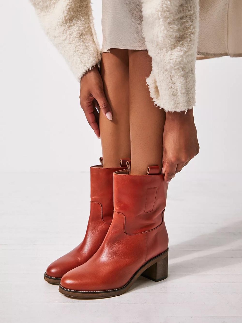 Free People Tabby Chestnut Leather Mid-Calf Block Heel ankle Boots
